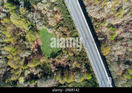 Zenithale Drohne aus der Vogelperspektive einer Hochgeschwindigkeitsbahnbrücke. Stockfoto