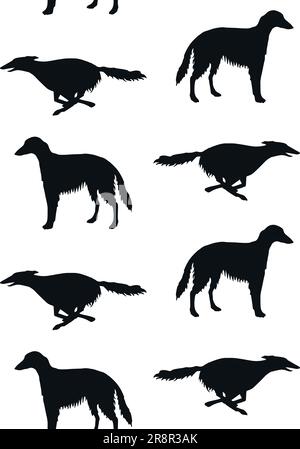 Vektornahtloses Muster einer handgezeichneten russischen Borzoi-Hundesilhouette, isoliert auf weißem Hintergrund Stock Vektor