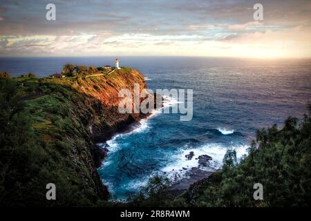 Der Kilaeua Leuchtturm ist ein zerklüfteter Punkt an der Nordküste von Kauai, Hawaii. Stockfoto