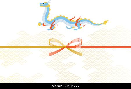 Einfache Neujahrskarte für das Jahr des Drachen 2024, japanisches Muster mit Mizuhiki und Drachen, Silvester-Postkartenmaterial, Vector Illu Stock Vektor