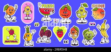 Coole Cartoon-Obst-Aufkleber. 80s 90s flippige fruchtige Etiketten mit Lächeln und farbenfrohen Animationselementen für das Verpackungsdesign. Vektor ist Stock Vektor