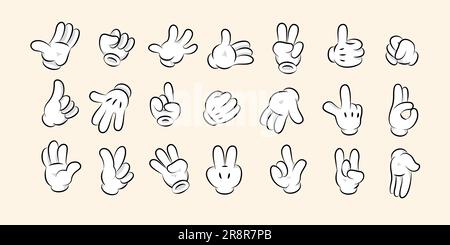 Weiße Cartoon-Handschuhe. Comic-Gesten und -Signale, Armbänder im Retro-Cartoon-Stil, niedlicher Handcursor in verschiedenen Posen. Vektor isoliertes GE-Set Stock Vektor