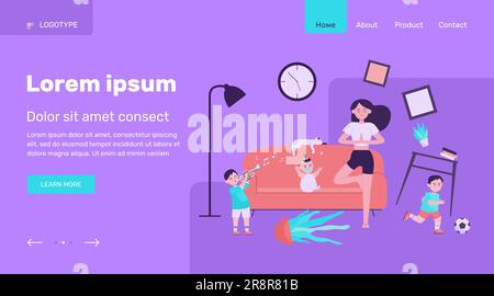 Ruhige Mutter, die Yoga macht, unter unartigen Kindern Stock Vektor