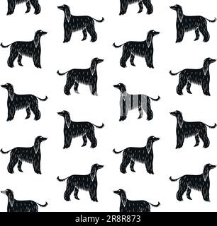 Vektornahtloses Muster einer handgezeichneten russischen Borzoi-Hundesilhouette, isoliert auf weißem Hintergrund Stock Vektor