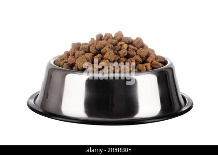 Katzen und Hunde trocknen das Futter in einer Edelstahlschüssel auf weißem Hintergrund Stockfoto