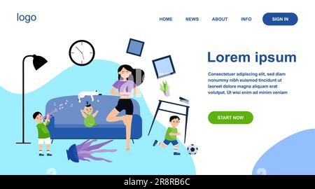 Ruhige Mutter, die Yoga macht, unter unartigen Kindern Stock Vektor