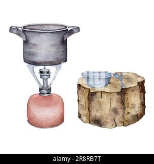 Draußen kochen, Campingutensilien, Gasbrenner. Aquarelldarstellung Stockfoto