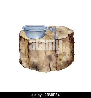 Kochen im Freien, Stumpf, Metallplatte, Löffel, Gabel. Aquarelldarstellung Stockfoto