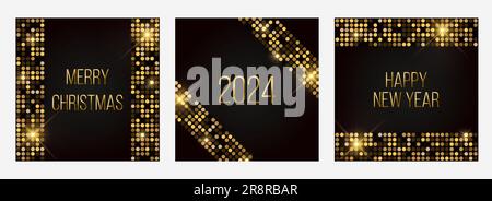 2024 luxuriöses Grußkartenset mit frohem Neujahr und fröhlichen Weihnachten. Weihnachtsgrüße Rechteckvorlagen-Kollektion mit glänzendem goldenem Glitzer. Schwarz und Stock Vektor