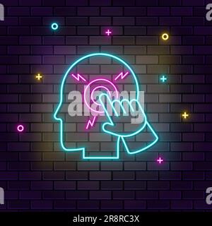 Computer, heruntergefahren, heruntergefahren, intelligent, Gehirn, Männersymbol, Neon an der Wand Dunkler Hintergrund Backsteinwand Neonsymbol Stock Vektor