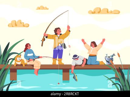 Kinderfischer. Kinderangeln, fröhliche Kinder fangen Fische auf dem See oder Flusspier, Cartoon Angler Boy Sohn Fischer Mädchen Rod Eimer im Sommer Teich Natur Vektor Illustration des Fischer Kind Junge und Mädchen Stock Vektor