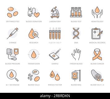 Symbole für flache Hämatologie eingestellt. Blutzellen, Gefäße, Sphygmomanometer, dna-Test, Vektorgrafiken des biochemischen Mikroskops. Skizzieren Sie die Zeichen für den Spender Stock Vektor