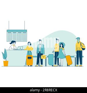 Reisende am Flughafen warten in der Schlange für den Check-in Stock Vektor