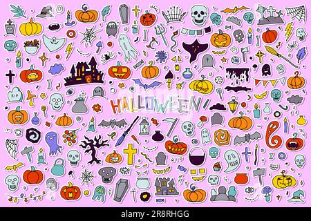 Doodle Halloween Sticker Set. Handgezeichneter HerbstKürbis, Grab, Geist, Kreuz, Auge auf lila Hintergrund. Süßes Horrorbanner für die Herbstferien, Dad Stock Vektor