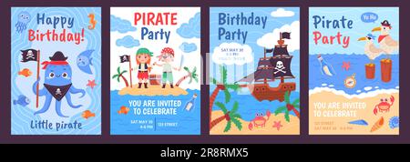 Piratenparty-Poster. Cartoon-Piraten Grußkarte oder Geburtstagsveranstaltung Einladung, Kind Marine Abenteuer Holzboot mit Fisch und Möwe, Seemann geniale Vektordarstellung einer Poster Card Party Stock Vektor