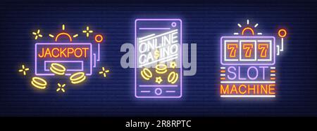 Jackpot, Casino online, Spielautomat Neon-Schild-Set Stock Vektor
