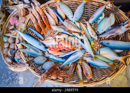 Cefalu, Sizilien, Italien, traditionelles Fischobjekt in Porzellan in einem Souvenirladen. Stockfoto