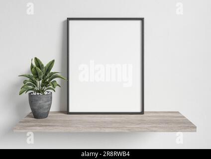 Horizontaler Rahmen Modell 8x10 auf Holzregal mit Pflanze in Betonvase. 3D-Rendering Stockfoto