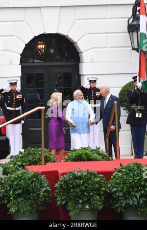 Washington, DC, USA. 21. Juni 2023. 6/22/23 das Weiße Haus Washington D.C. Präsident Joseph Biden begrüßt Premierminister Narendra Modi der Republik Indien zu einer offiziellen Ankunftszeremonie im Weißen Haus. Der Präsident und die First Lady begrüßen PM Modi. (Kreditbild: © Christy Bowe/ZUMA Press Wire) NUR REDAKTIONELLE VERWENDUNG! Nicht für den kommerziellen GEBRAUCH! Stockfoto