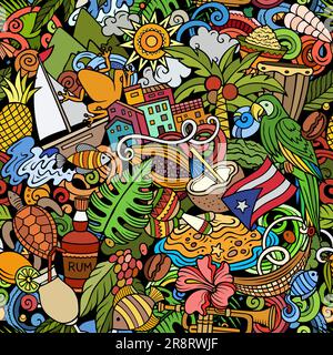Vektorhintergrund mit Puerto-ricanischer karibischer Kultur, traditionellen Symbolen und Gegenständen. Leuchtende Farben Mittelamerikanisches komisches nahtloses Muster Stock Vektor