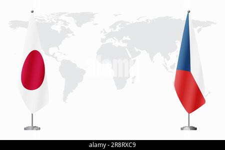Japanische und tschechische Flaggen für offizielles Treffen vor dem Hintergrund der Weltkarte. Stock Vektor