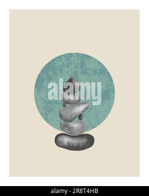 Steine Aquarell, monochrom, handgezeichnet. Minimalistische Poster-Designelemente im Boho-Stil . Wandschmuck, Deko. Stock Vektor