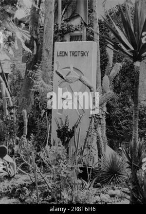 Das ist der Grabstein über dem Grab des alten Bolschewiken, Leon trotsky. Es ist auf der Terrasse des Hauses, in dem er in Mexico City getötet wurde. Trotzkys Grab, mit dem Zeichen von Hammer und Sichel, ist unter den Kakteen seines Gartens. 17. November 1954. Stockfoto