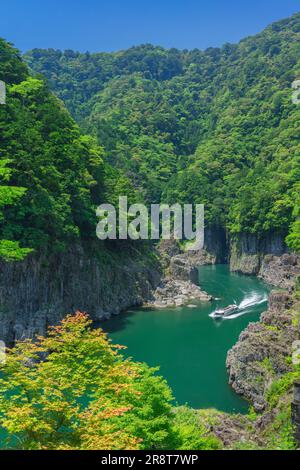 Shatorokyo Gorge and Pleasure Boat in Early Summer Stock Photo