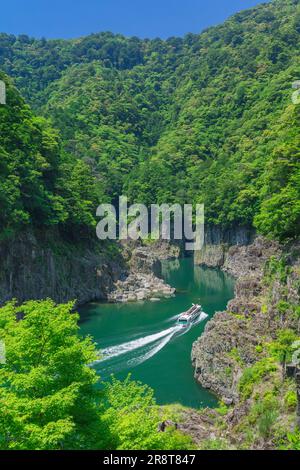 Shatorokyo-Schlucht und Vergnügungsboot im Frühsommer Stockfoto