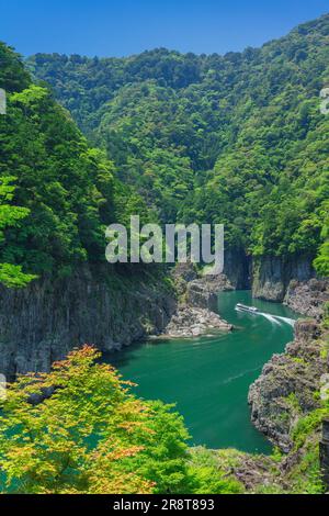 Shatorokyo-Schlucht und Vergnügungsboot im Frühsommer Stockfoto