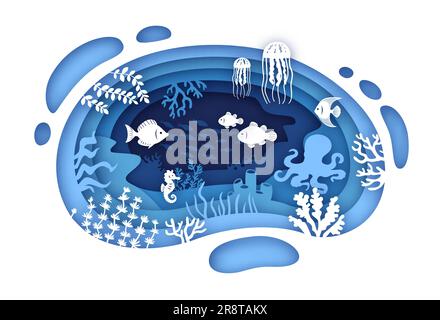 Unterwasser-Papercut. Meeresboden Fisch Algen Korallenriff Silhouette Meerwasser Papierlochschichten Meeresaquarium Landschaft kreatives Banner Origami geniale Vektordarstellung von Unterwasser-Papercut Stock Vektor