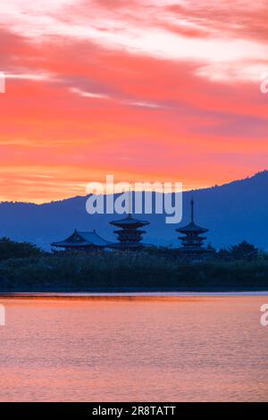 Yakushiji-Tempel und großer Teich im Morgenglühen Stockfoto