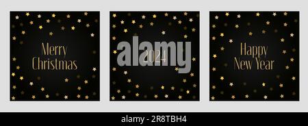 Set von 2024 Glückwunschkarten für das neue Jahr und frohe Weihnachten mit niedlichen goldenen Sternen auf schwarzem Hintergrund. Festliche quadratische Vorlagen-Kollektion für Feiertage Stock Vektor
