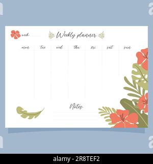 Druckbares Wochenplanerkonzept mit tropischem exotischen Hintergrund. Vektordarstellung Stock Vektor