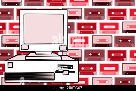 Alter Retro-alter antiker Hipster veralteter stationärer PC mit einer Systemeinheit und einem Flop von unten auf einem Hintergrund mit blauer Musik C Stock Vektor