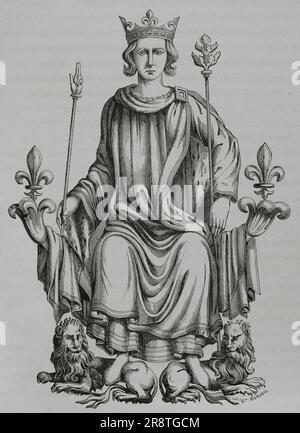 Karl VI. Von Frankreich (1368-1422). König von Frankreich (1380-1422). Der Monarch auf seinem Thron. Gravur nach einer Miniatur von „Rois de France“ aus dem 16. Jahrhundert. "Les Arts au Moyen Age et a l'Epoque de la Renaissance" von Paul Lacroix. Paris, 1877. Stockfoto