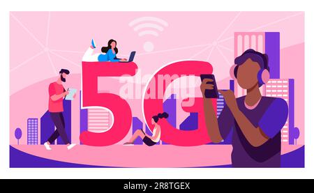 Junge Leute, die eine 5G-Hochgeschwindigkeits-WLAN-Internetverbindung nutzen Stock Vektor