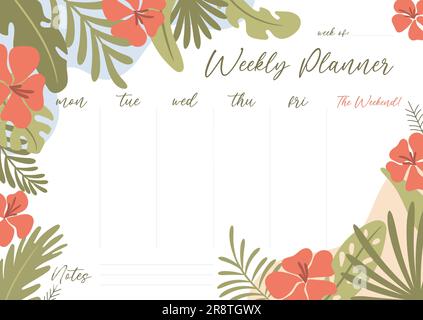 Druckbares Wochenplanerkonzept mit tropischem exotischen Hintergrund. Vektordarstellung Stock Vektor
