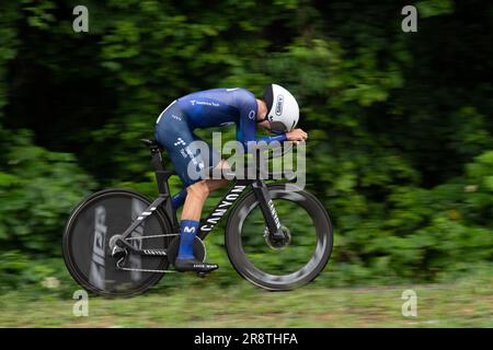 Oak Ridge, Tennessee, USA. 22. Juni 2023. USA Cycling Time Trial National Championships, Oak Ridge, Tennessee, USA. 22. Juni 2023. Will Barta vom Movistar-Fahrradteam, zweiter Platz in der Individualzeit der Männer. Kredit: Casey B. Gibson/Alamy Live News Stockfoto