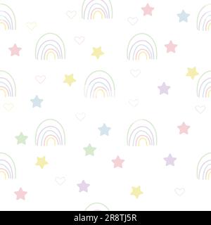 Fröhliche farbige Sterne und Regenbogen, kindisches Nahtmuster in sanften Pastelltönen. Vektor Stock Vektor