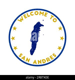 Willkommen bei San Andres Stempel. Grunge Island runder Stempel mit Textur in Hot Sand Farbmotiv. Geometrisches San Andres Siegel im Vintage-Stil. Stock Vektor