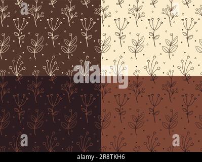Stellen Sie ein nahtloses Vektormuster mit gezeichneten Kräutern und Blumen in Schokoladenfarben ein. Stock Vektor