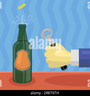 Vektoröffner für eine grüne Glasflasche Bier Stock Vektor