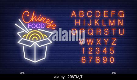 Chinesisches Essen zum Mitnehmen und alphabetisches Neonschild Stock Vektor