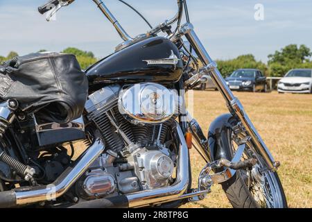 Die geparkte Harley Davidson mit einer schwarzen Lederjacke auf dem Sitz, die die Essenz der Rebellion einfängt, ruft den Nervenkitzel der offenen Straße hervor. Stockfoto