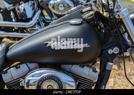 Nahaufnahme des Benzintanks-Emblems eines Harley Davidson Motorrads. Harley Davidson Motorradabzeichen. Roadtrip, Freiheit oder Lifestyle-Konzept. Stockfoto