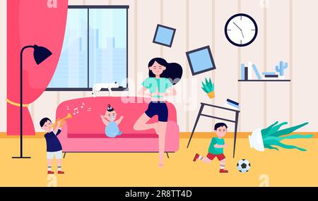 Ruhige Mutter, die Yoga macht, unter unartigen Kindern Stock Vektor