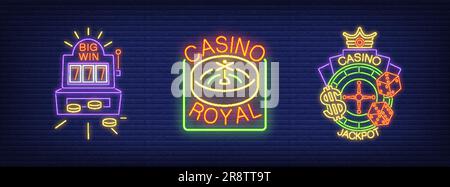Großer Sieg, Casino Royal, Jackpot Neon-Schild-Set Stock Vektor