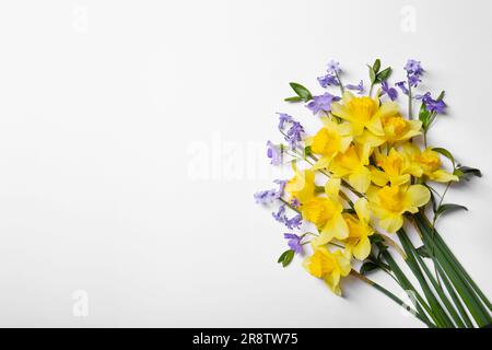 Wunderschöne gelbe Narzissen und Perlblüten auf weißem Hintergrund, Draufsicht. Platz für Text Stockfoto