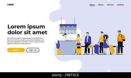 Reisende am Flughafen warten in der Schlange für den Check-in Stock Vektor